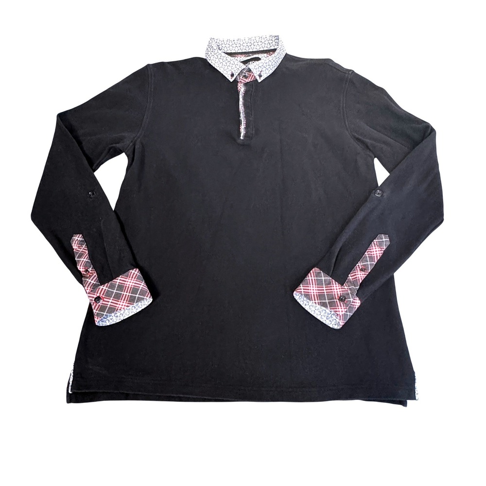 Maceoo Polo Shirt Mens Large Long Sleeve Contrast Trim Pique Designer Knit Black